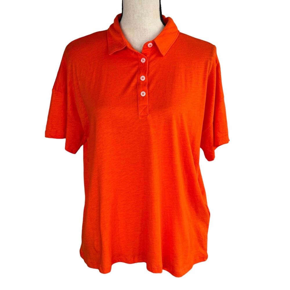 Style & Co Large Polo Top Short Sleeves Button Neck Lightweight Collared Orange